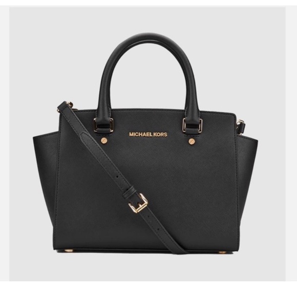 NEW Michael Kors Satchel Medium Size Handbag Crossbody Bag Black Leather/Gold - Picture 1 of 8